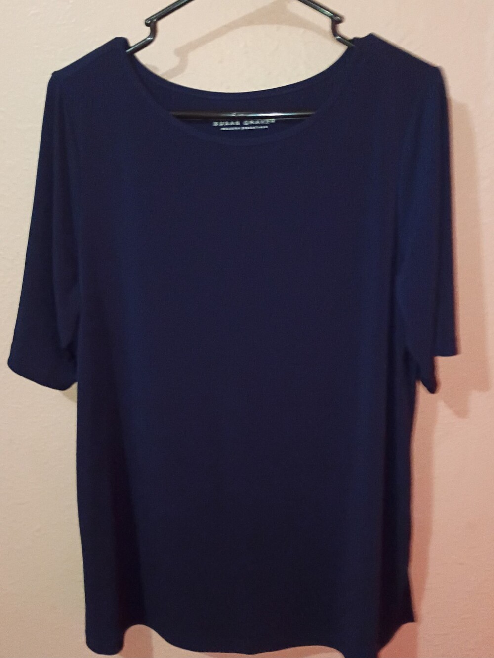 Susan Graver Size Large Dark Navy Short-Sleeve Crewneck Blouse